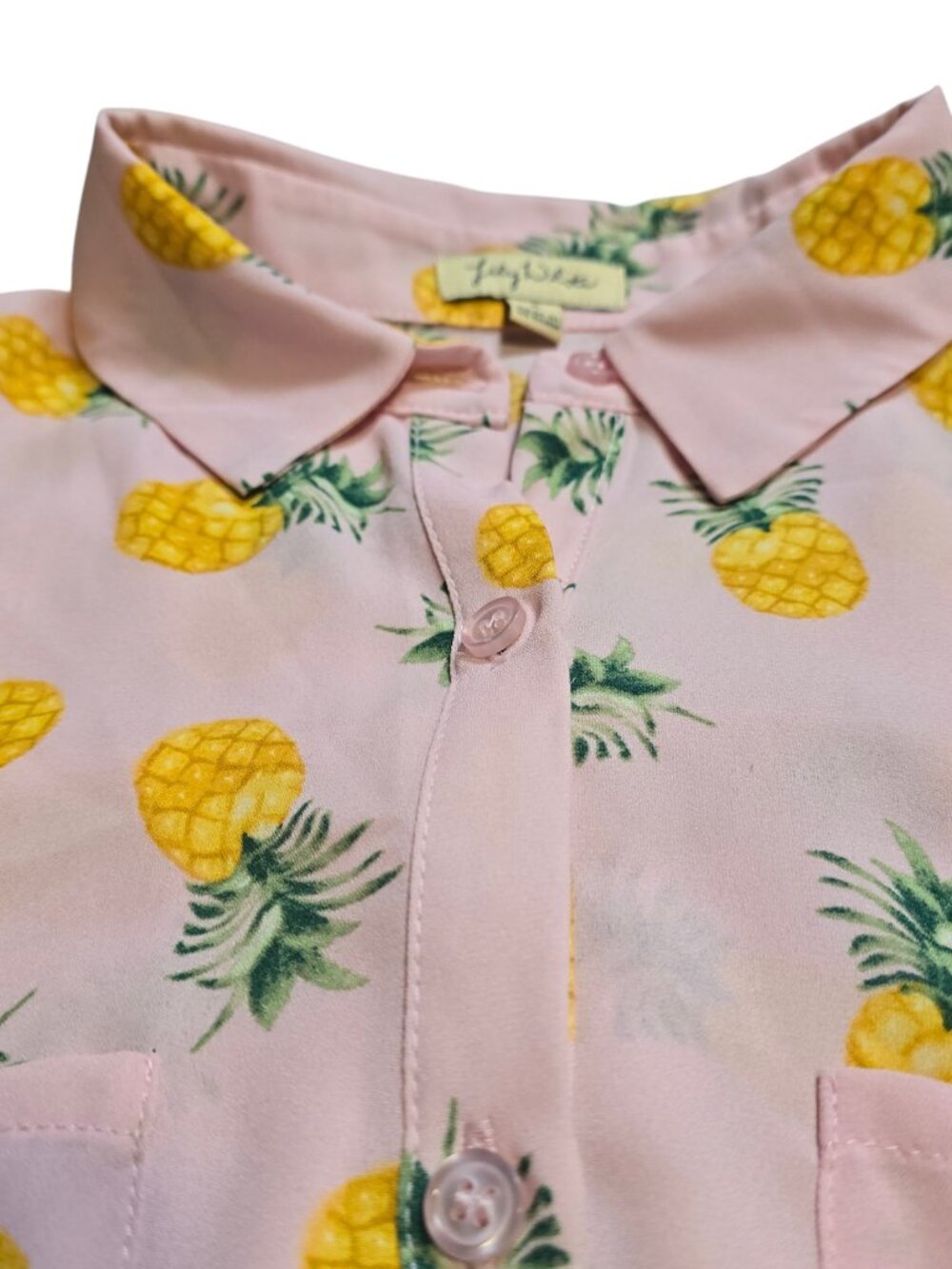 Lily White Women’s Short Sleeve Sheer Pink Pineapple Pattern Front Tie Button Up - Picture 5 of 9
